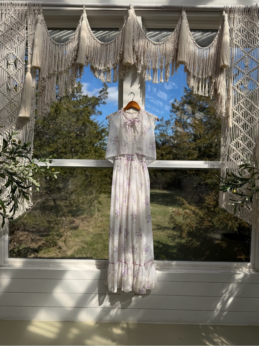 Lavender Floral Maxi Dress with Lace Overlay